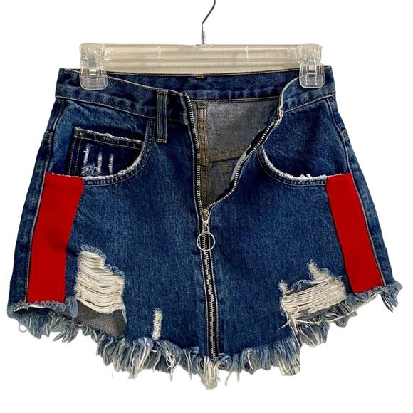 CARMAR Los Angeles Sz 26 Waist Small Denim Striped Beatrice Zip Front Mini Skirt - Picture 9 of 16